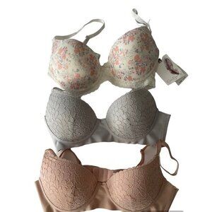 Jessica Simpson‎ 3 Pack Lace Underwire T-Shirt Bras 34B Floral Grey Rose NWT